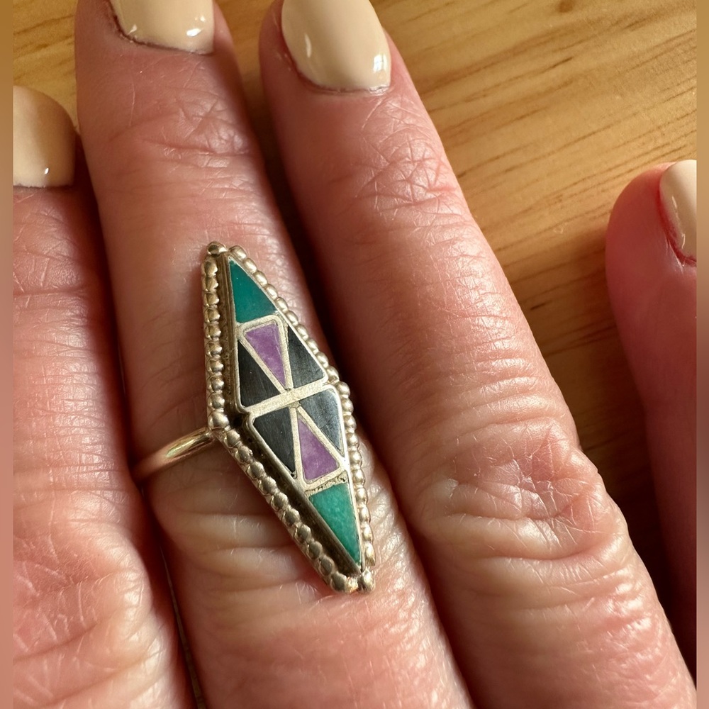 Geometric Silver Ring with Purple and Green inlay accents - Picture 2 of 14